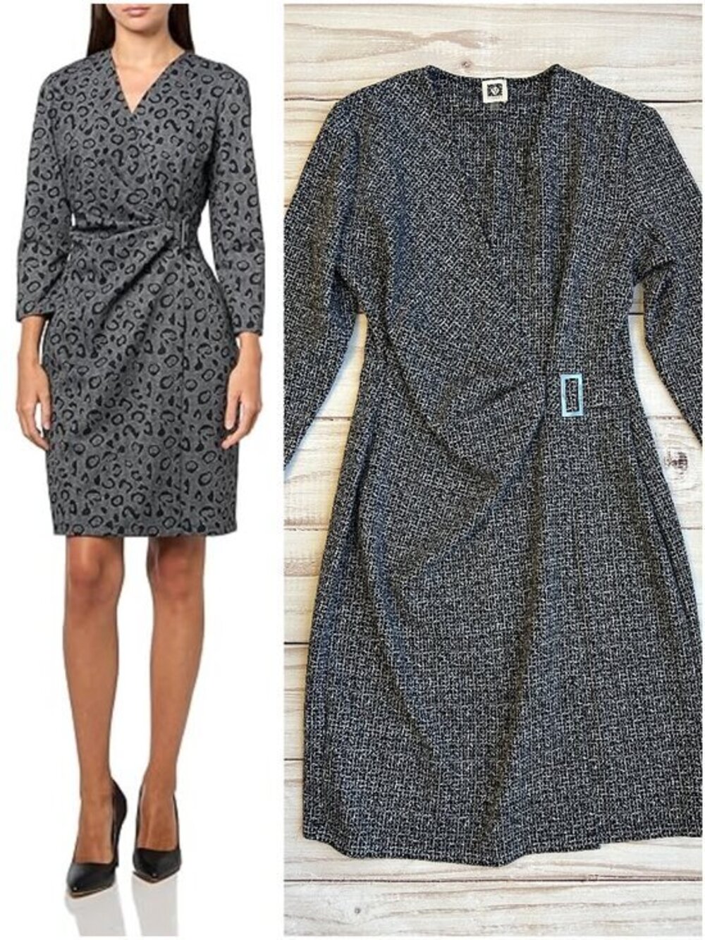Anne Klein Faux Wrap Ruched Career Midi Dress in Black Ivory Size 6 NWT